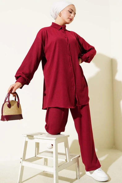 Gömlek Yaka Bürümcük İkili Takım Bordo ürün görseli 1