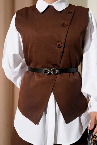 Çapraz Düğmeli Kemerli Yelekli İkili Takım Kahve - Resim 4