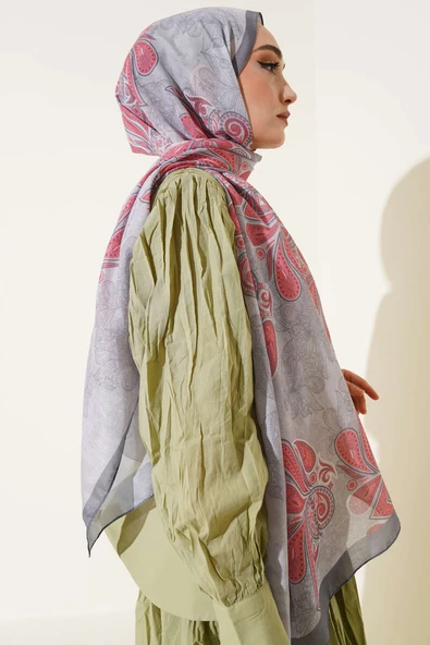 Otantik Yaprak Desen Şal Gri - Resim 3