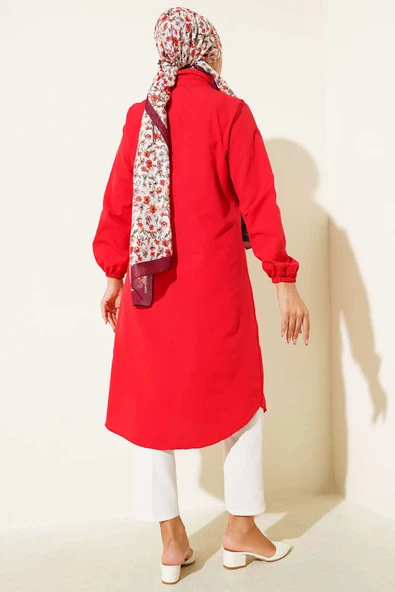 Gömlek Yaka Tek Cepli Uzun Gömlek Kırmızı - Resim 3