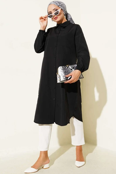 Gömlek Yaka Tek Cepli Uzun Gömlek Siyah - Resim 2