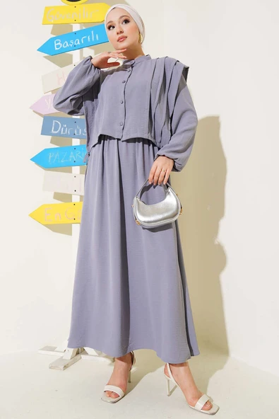 Önü Pile Detaylı Bolerolu Elbise Gri - Resim 2