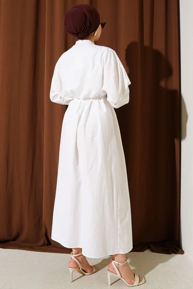 Önü Nervürlü İp Kuşaklı Elbise Beyaz - Resim 3