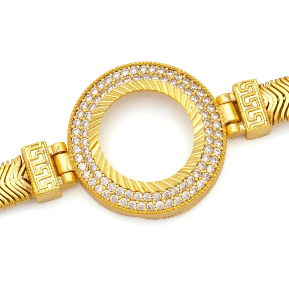 Altın Kaplama İmitasyon 2 Sıra Zirkon Taşlı İtalyan  Çeyrek Çerçeve Bileklik BLK-1168 - Resim 4