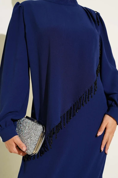 Çapraz Taş Süslemeli Abiye Elbise Lacivert - Resim 4