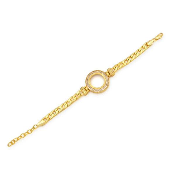 Altın Kaplama İmitasyon 2 Sıra Zirkon Taşlı Desenli Figaro Çeyrek Çerçeve Bileklik BLK-1169