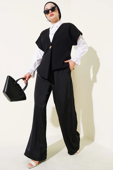 Gold Düğmeli Basic Yelek Siyah - Resim 2