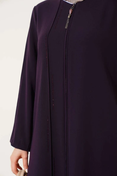 Taşlı Dikişli Omuz Vatkalı Büyük Beden Ferace Mor - Resim 4