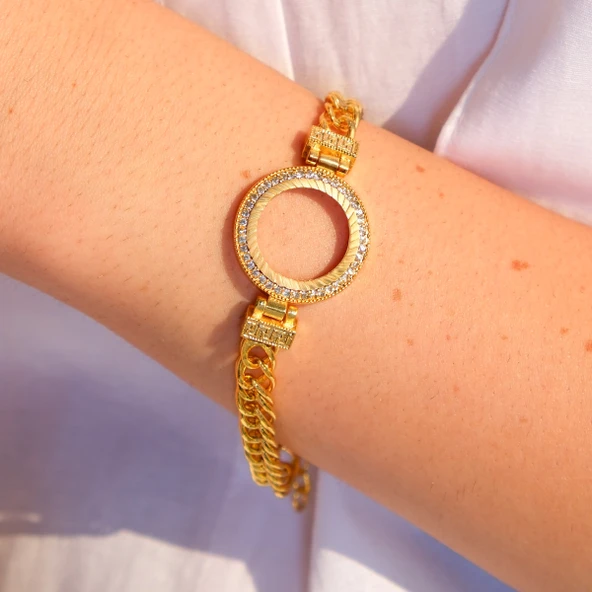 Altın Kaplama İmitasyon  Zirkon Taşlı Zincirli Çeyrek Çerçeve Bileklik BLK-1166 - Resim 2