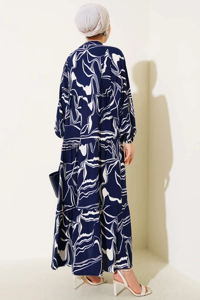 Hakim Yaka Desen Detaylı Elbise Lacivert - Resim 3