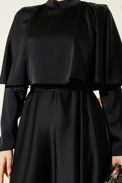 Boleronlu Saten Abiye Elbise Siyah - Resim 4