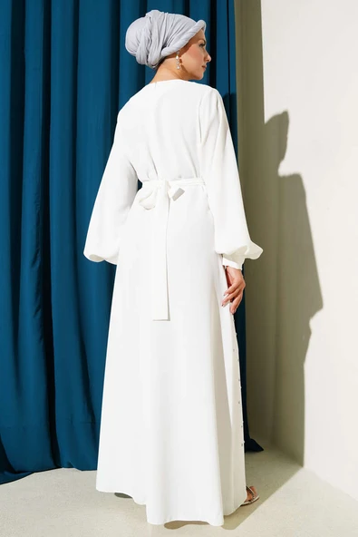 Taş Şerit Geçişli Kuşaklı Abiye Elbise Beyaz - Resim 3