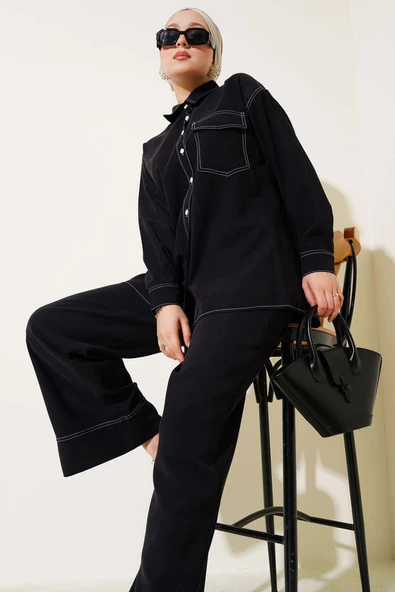 Gömlek Yaka Tek Cepli İkili Takım Siyah ürün görseli 1