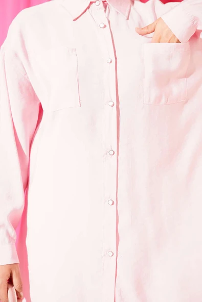 Taş Düğmeli Uzun Tunik Pembe - Resim 4