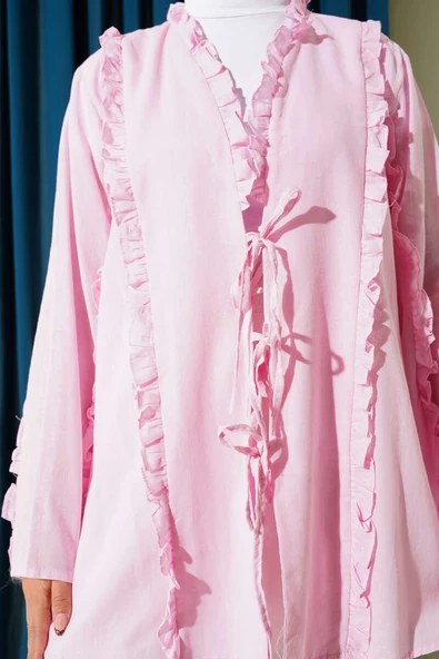 Fırfır Detaylı Kimono Pembe - 4