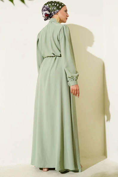 Boydan Düğmeli İp Kuşaklı Elbise Çağla Yeşili - Resim 3