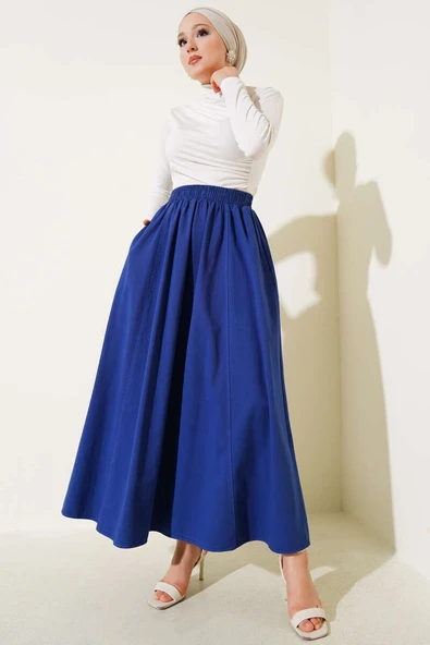 Keten Kloş Beli Lastikli Etek Mavi - Resim 2