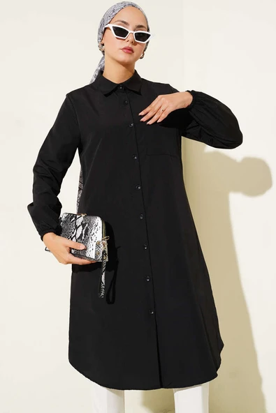 Gömlek Yaka Tek Cepli Uzun Gömlek Siyah ürün görseli 1