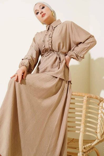 Yaka Fırfır Detaylı Etekli İkili Takım Latte ürün görseli 1