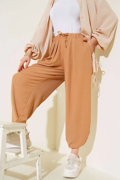 Beli İp Bağcıklı Şalvar Pantolon Camel ürün görseli 1