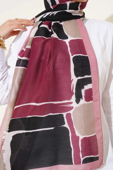 Geometrik Desenli Soft Şal Gül Kurusu - Resim 4