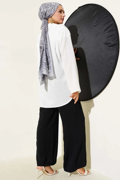 Önü Bağlama Detaylı Keten Kimono Beyaz - Resim 3