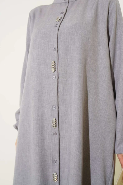 Önü Taş Detaylı Uzun Tunik İkili Takım Gri - Resim 4