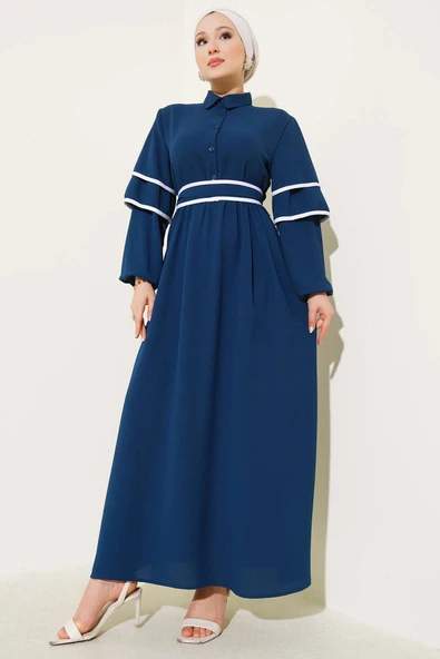 Yarım Düğmeli Garnili Kuşaklı Elbise Petrol ürün görseli 1