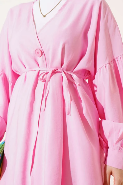 Tek Düğmeli Kuşaklı Oversize İkili Takım Pembe - Resim 4
