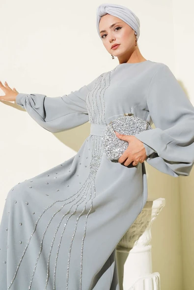 Taş Şerit Geçişli Kuşaklı Abiye Elbise Gri ürün görseli 1