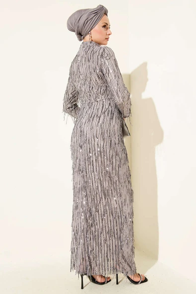 Püsküllü Pul Payet Abiye Elbise Gri - Resim 3