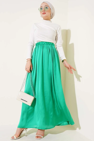 Beli Lastikli Saten Kloş Etek Yeşil - Resim 2