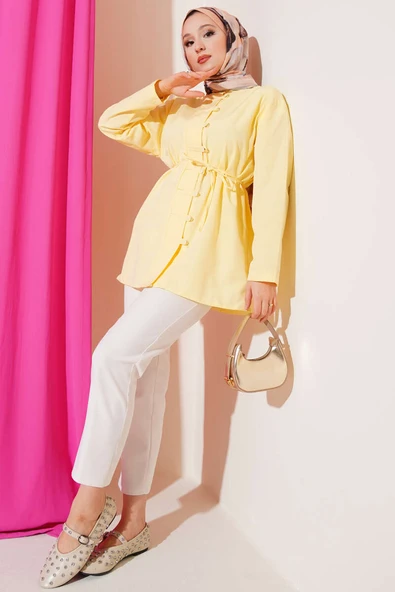 Brit Düğmeli Kuşaklı Terikoton Gömlek Sarı - Resim 2