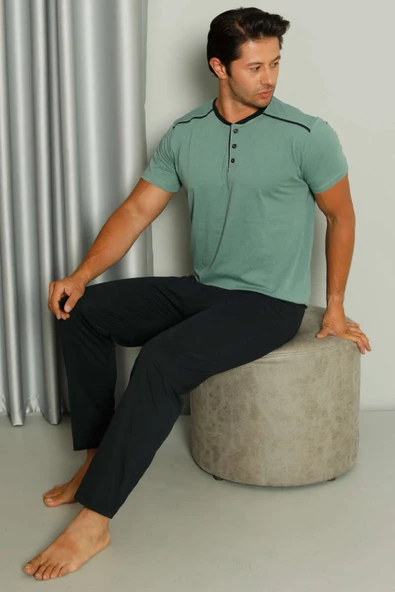 Şerit Detaylı Kısa Kol Erkek Pijama Takımı Yeşil - Resim 2