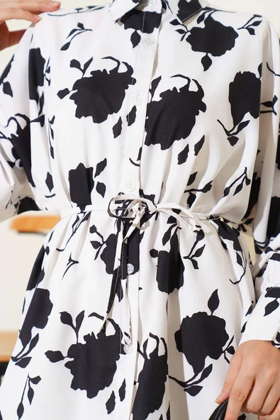 Minik Yaprak Desenli İp Kuşaklı Gömlek Siyah - Resim 4