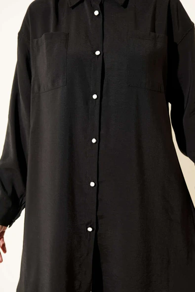Taş Düğmeli Uzun Tunik Siyah - Resim 4