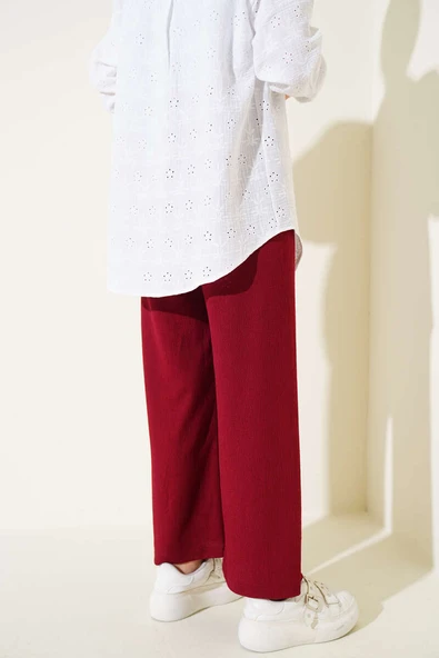 Bel İp Detaylı Bürümcük Pantolon Bordo - Resim 3