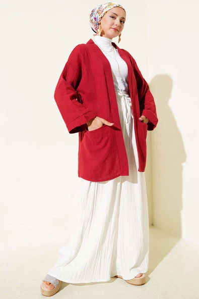 Çift Cepli Müslin Hırka Bordo - Resim 2