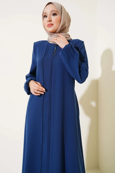 Taşlı Dikişli Omuz Vatkalı Büyük Beden Ferace Indıgo - Resim 2