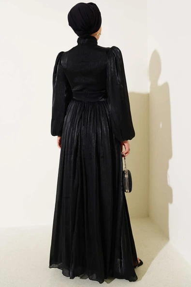 Şifon İp Bağlamalı Piliseli Abiye Elbise Siyah - Resim 3