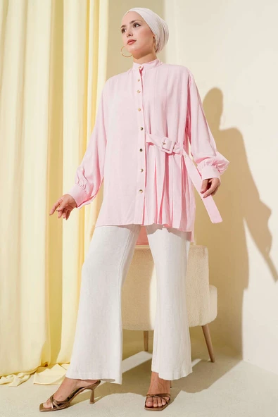 Hakim Yaka Kemer Detaylı Tunik Pembe - Resim 2
