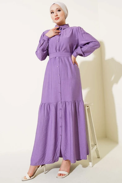 Boydan Düğmeli Volanlı Elbise Lila ürün görseli 1