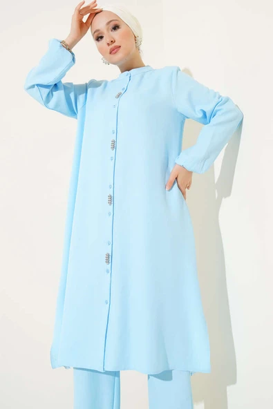 Önü Taş Detaylı Uzun Tunik İkili Takım Bebe Mavi - Resim 2