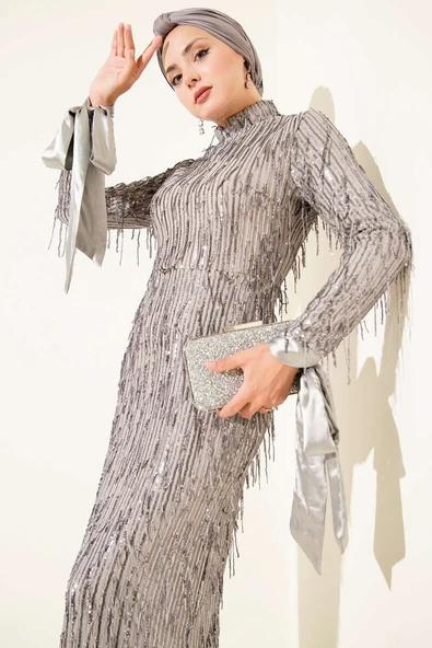 Püsküllü Pul Payet Abiye Elbise Gri - Resim 2