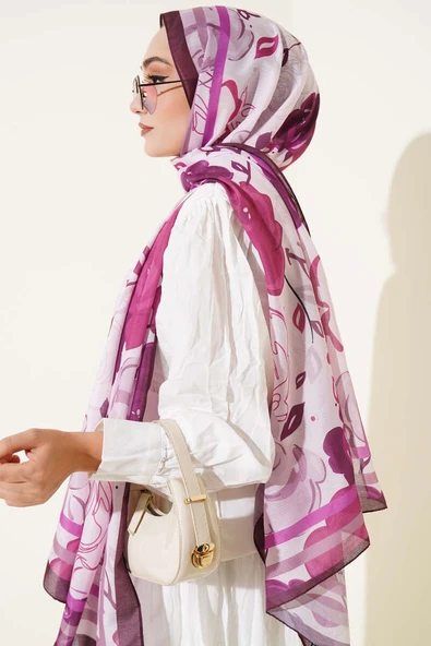 Gül Motifli Şal Mürdüm - Resim 3