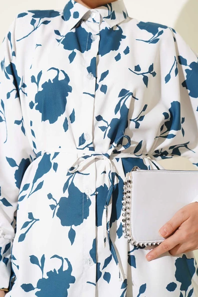 Minik Yaprak Desenli İp Kuşaklı Gömlek Petrol - Resim 4