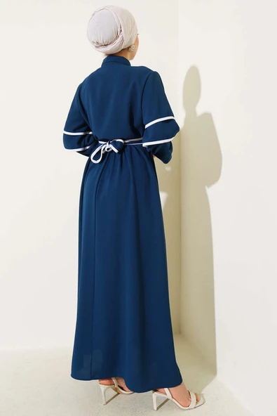 Yarım Düğmeli Garnili Kuşaklı Elbise Petrol - Resim 3
