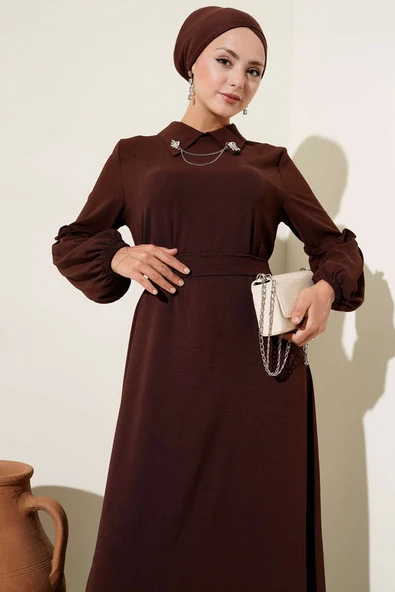 Ayrobin Kol Büzgülü Elbise Kahve - Resim 2