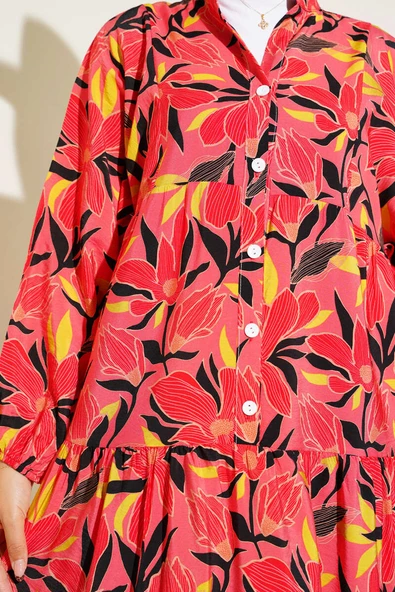 Hakim Yaka Floral Desenli Elbise Alizarin - Resim 4