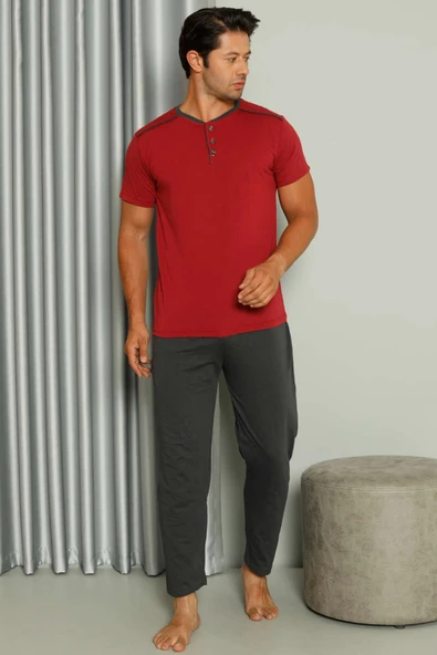 Şerit Detaylı Kısa Kol Erkek Pijama Takımı Bordo - Resim 2